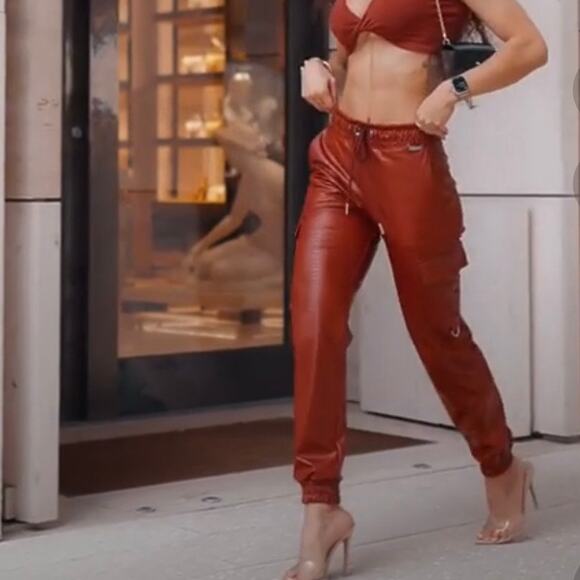 Bombshell Sportswear Pants - Bombshell Sportswear Red Faux Leather Jogger Track Pants